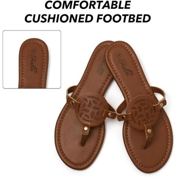 Katliu Womens Flat Thong Sandals Comfy Slip On Faux Leather Summer Shoes - Picture 3 of 7